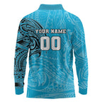 Personalized Cronulla Sutherland Sharks Long Sleeve Polo Shirt Polynesian Tribal Chest and Sleeve Tattoo