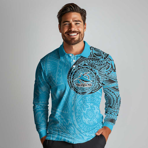 Personalized Cronulla Sutherland Sharks Long Sleeve Polo Shirt Polynesian Tribal Chest and Sleeve Tattoo