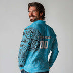 Personalized Cronulla Sutherland Sharks Long Sleeve Polo Shirt Polynesian Tribal Chest and Sleeve Tattoo