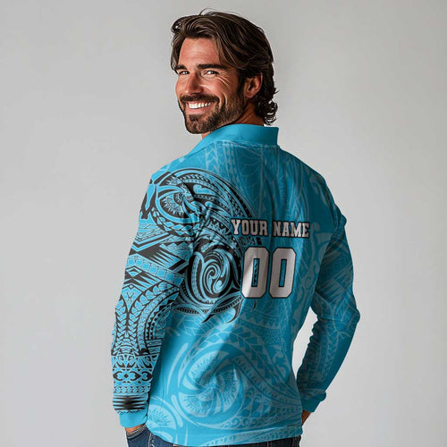 Personalized Cronulla Sutherland Sharks Long Sleeve Polo Shirt Polynesian Tribal Chest and Sleeve Tattoo