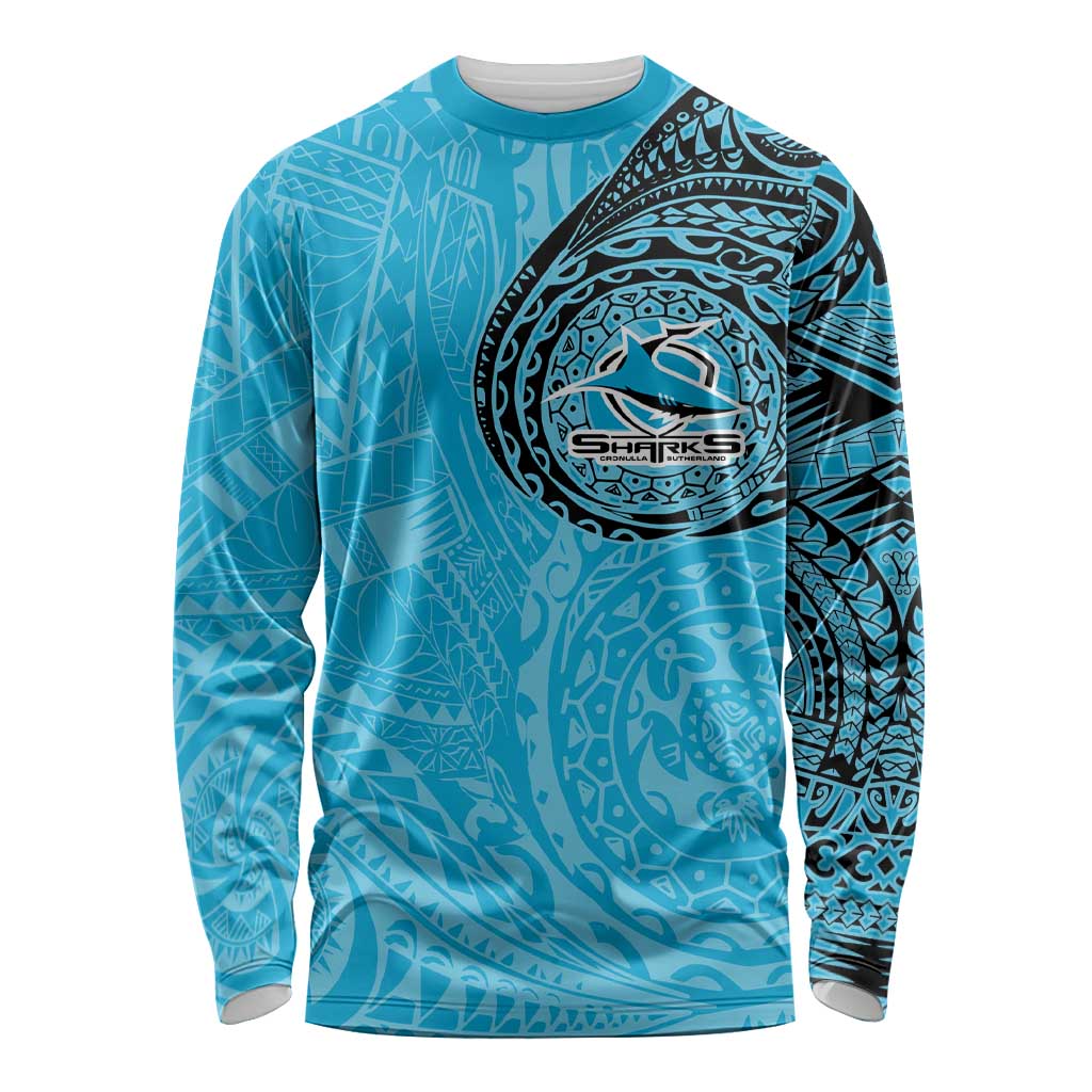 Personalized Cronulla Sutherland Sharks Long Sleeve Shirt Polynesian Tribal Chest and Sleeve Tattoo