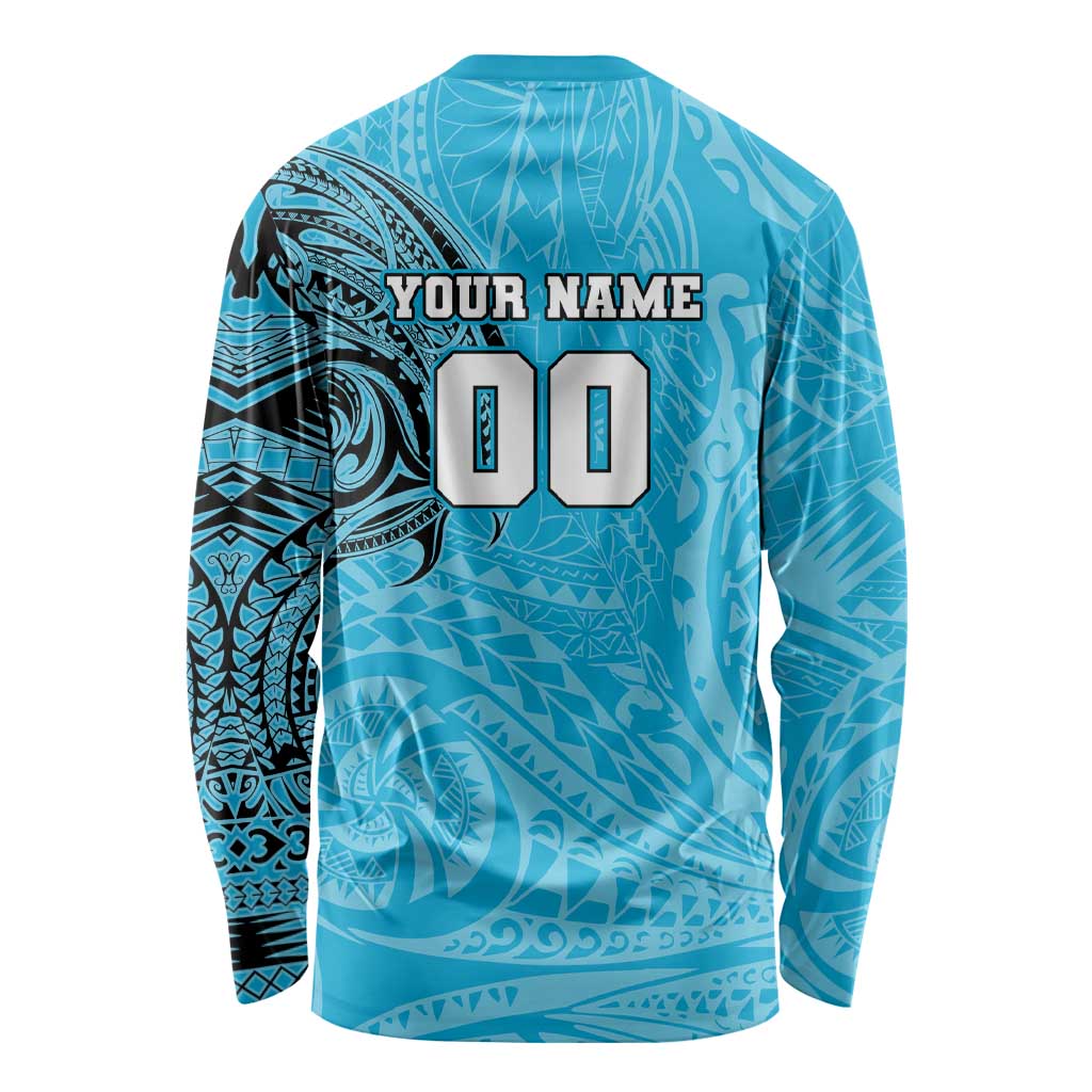Personalized Cronulla Sutherland Sharks Long Sleeve Shirt Polynesian Tribal Chest and Sleeve Tattoo