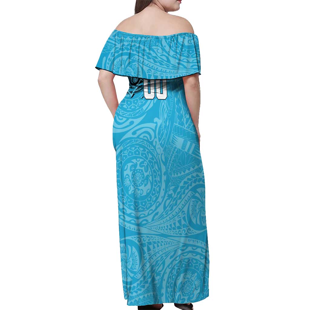 Personalized Cronulla Sutherland Sharks Off Shoulder Maxi Dress Polynesian Tribal Chest and Sleeve Tattoo
