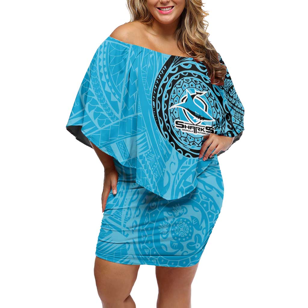 Personalized Cronulla Sutherland Sharks Off Shoulder Short Dress Polynesian Tribal Chest and Sleeve Tattoo