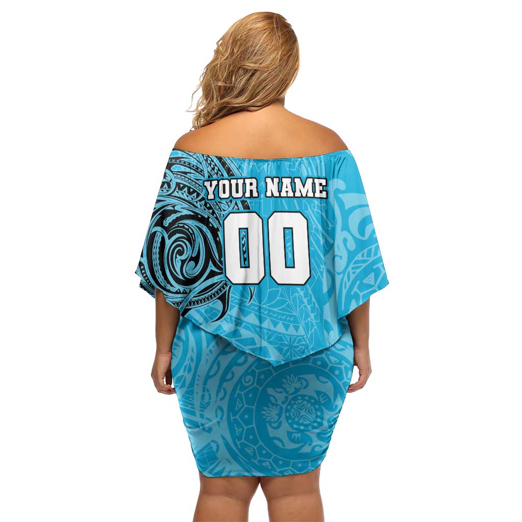 Personalized Cronulla Sutherland Sharks Off Shoulder Short Dress Polynesian Tribal Chest and Sleeve Tattoo