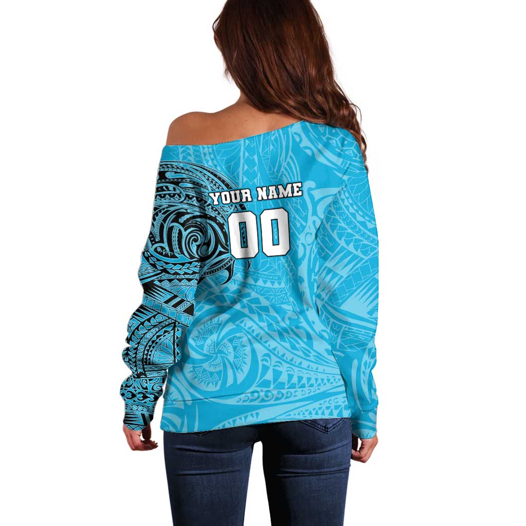 Personalized Cronulla Sutherland Sharks Off Shoulder Sweater Polynesian Tribal Chest and Sleeve Tattoo