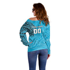 Personalized Cronulla Sutherland Sharks Off Shoulder Sweater Polynesian Tribal Chest and Sleeve Tattoo