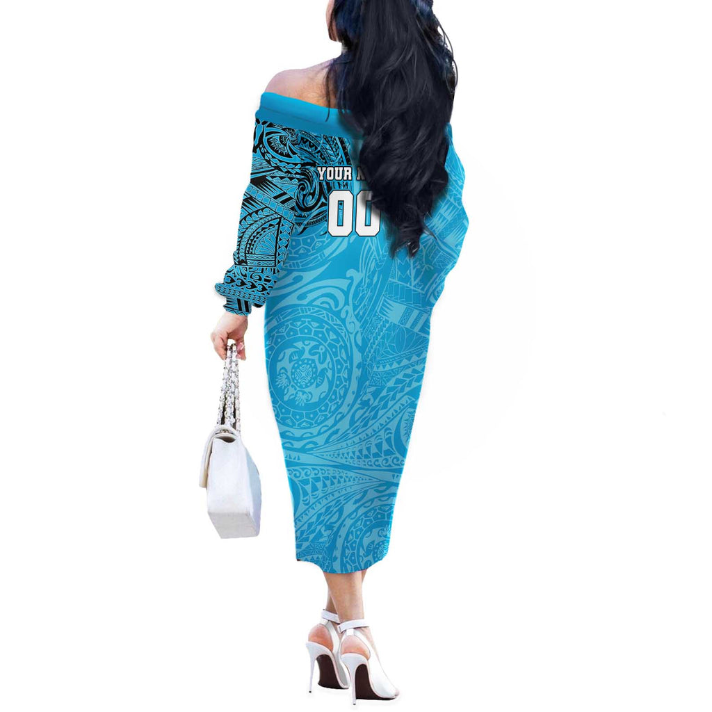 Personalized Cronulla Sutherland Sharks Off The Shoulder Long Sleeve Dress Polynesian Tribal Chest and Sleeve Tattoo