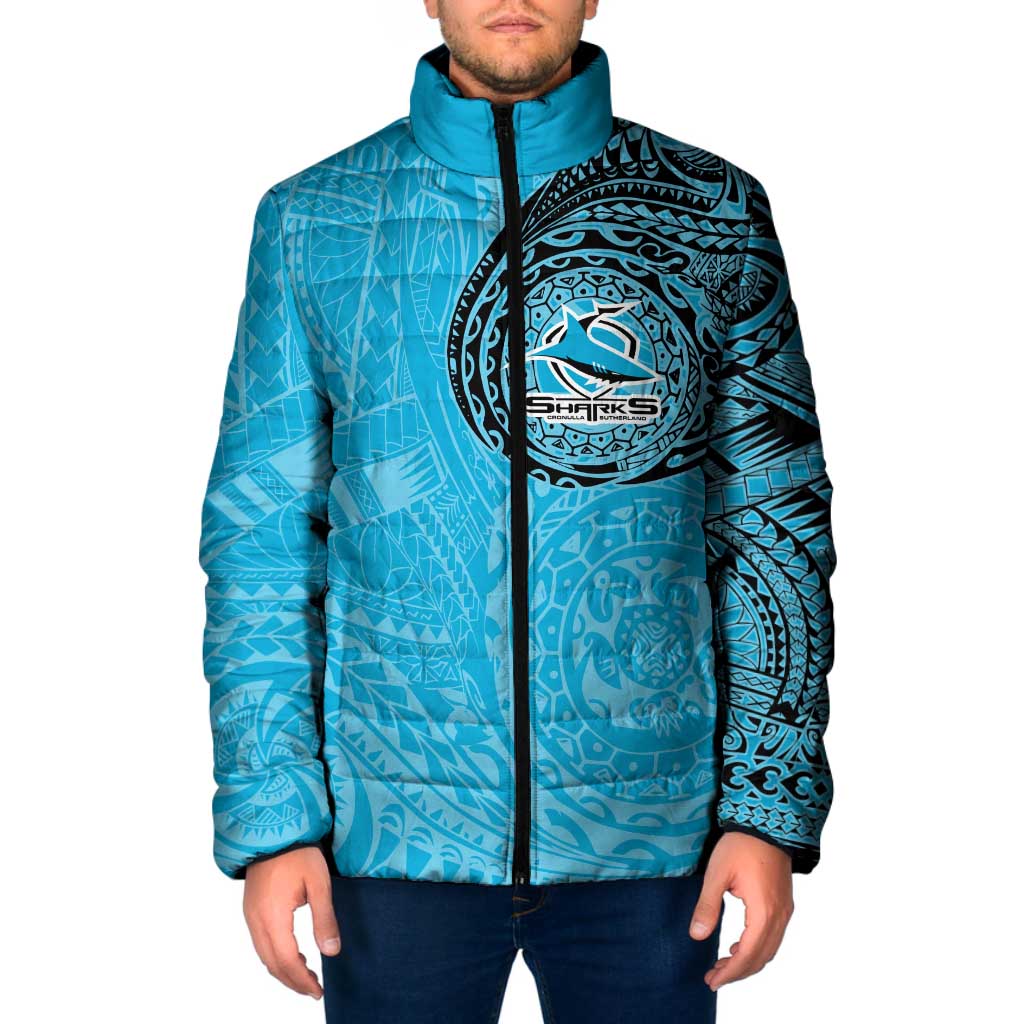 Personalized Cronulla Sutherland Sharks Padded Jacket Polynesian Tribal Chest and Sleeve Tattoo