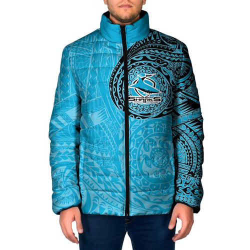 Personalized Cronulla Sutherland Sharks Padded Jacket Polynesian Tribal Chest and Sleeve Tattoo