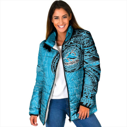Personalized Cronulla Sutherland Sharks Padded Jacket Polynesian Tribal Chest and Sleeve Tattoo