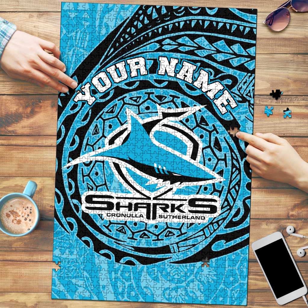 Personalized Cronulla Sutherland Sharks Puzzle Polynesian Tribal Chest and Sleeve Tattoo