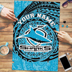 Personalized Cronulla Sutherland Sharks Puzzle Polynesian Tribal Chest and Sleeve Tattoo