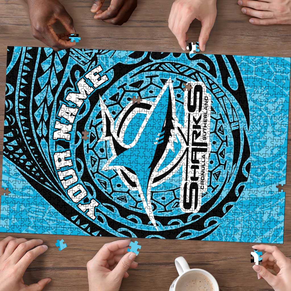 Personalized Cronulla Sutherland Sharks Puzzle Polynesian Tribal Chest and Sleeve Tattoo