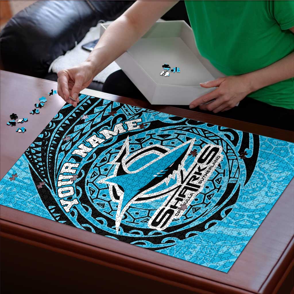Personalized Cronulla Sutherland Sharks Puzzle Polynesian Tribal Chest and Sleeve Tattoo