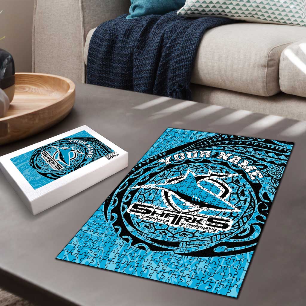 Personalized Cronulla Sutherland Sharks Puzzle Polynesian Tribal Chest and Sleeve Tattoo