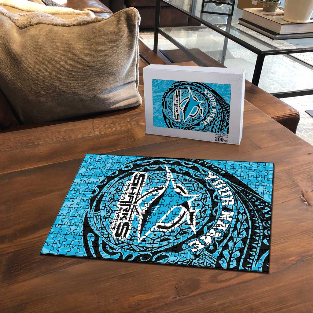 Personalized Cronulla Sutherland Sharks Puzzle Polynesian Tribal Chest and Sleeve Tattoo