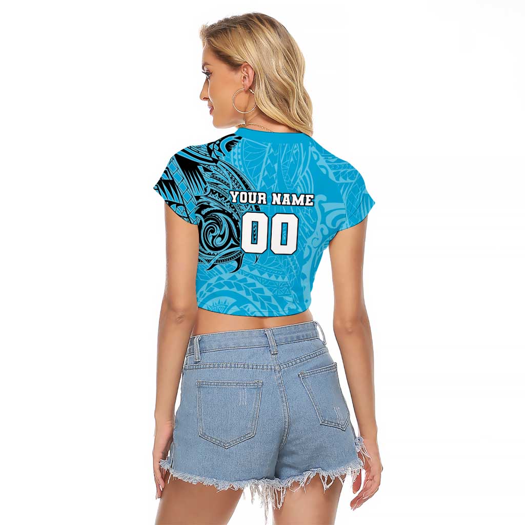 Personalized Cronulla Sutherland Sharks Raglan Cropped T Shirt Polynesian Tribal Chest and Sleeve Tattoo