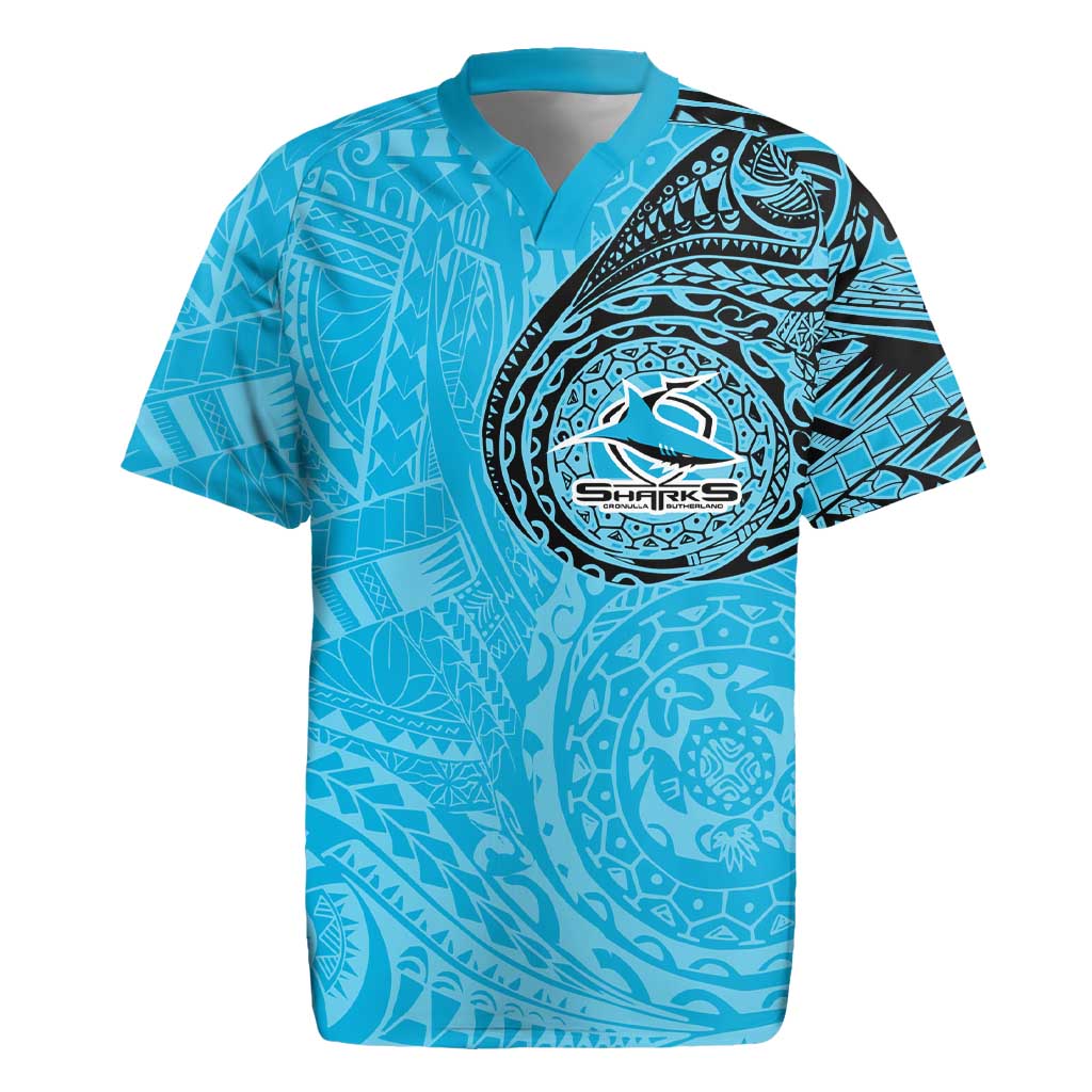 Personalized Cronulla Sutherland Sharks Rugby Jersey Polynesian Tribal Chest and Sleeve Tattoo