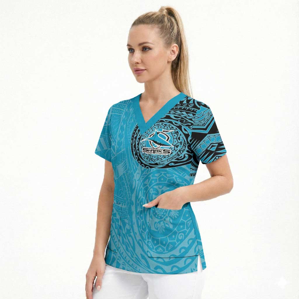 Personalized Cronulla Sutherland Sharks Scrub Top Polynesian Tribal Chest and Sleeve Tattoo