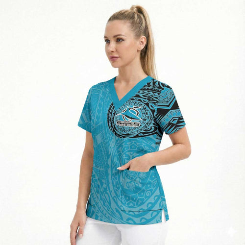 Personalized Cronulla Sutherland Sharks Scrub Top Polynesian Tribal Chest and Sleeve Tattoo