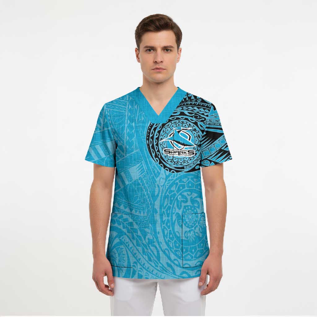 Personalized Cronulla Sutherland Sharks Scrub Top Polynesian Tribal Chest and Sleeve Tattoo