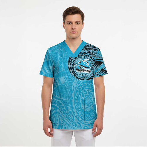 Personalized Cronulla Sutherland Sharks Scrub Top Polynesian Tribal Chest and Sleeve Tattoo