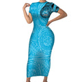 Personalized Cronulla Sutherland Sharks Short Sleeve Bodycon Dress Polynesian Tribal Chest and Sleeve Tattoo