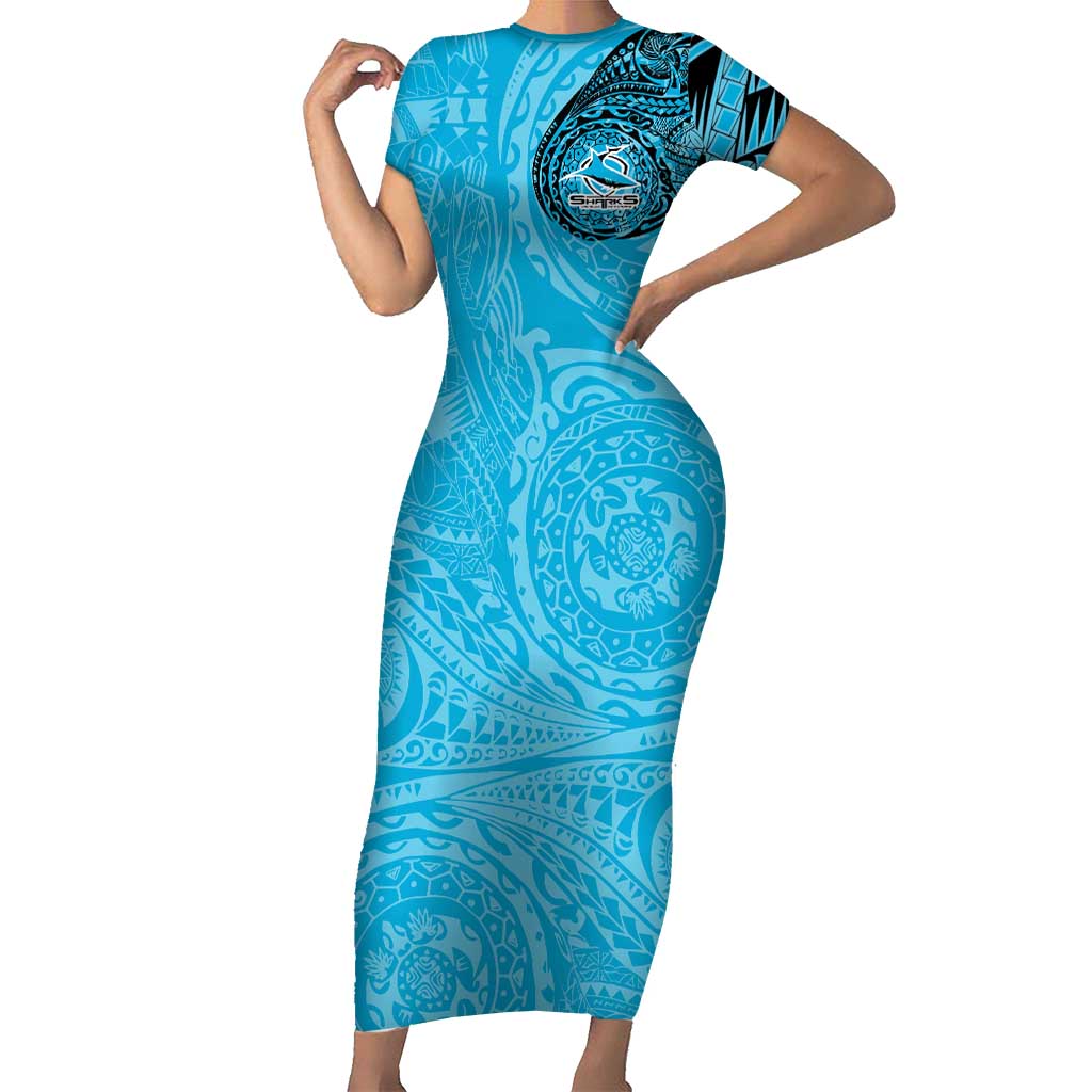 Personalized Cronulla Sutherland Sharks Short Sleeve Bodycon Dress Polynesian Tribal Chest and Sleeve Tattoo