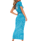 Personalized Cronulla Sutherland Sharks Short Sleeve Bodycon Dress Polynesian Tribal Chest and Sleeve Tattoo