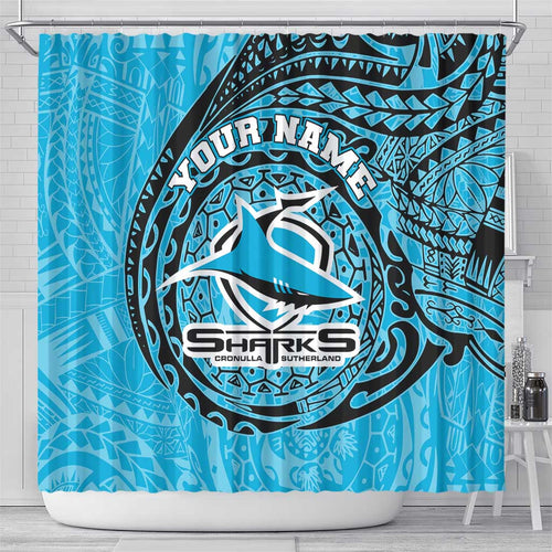 Personalized Cronulla Sutherland Sharks Shower Curtain Polynesian Tribal Chest and Sleeve Tattoo