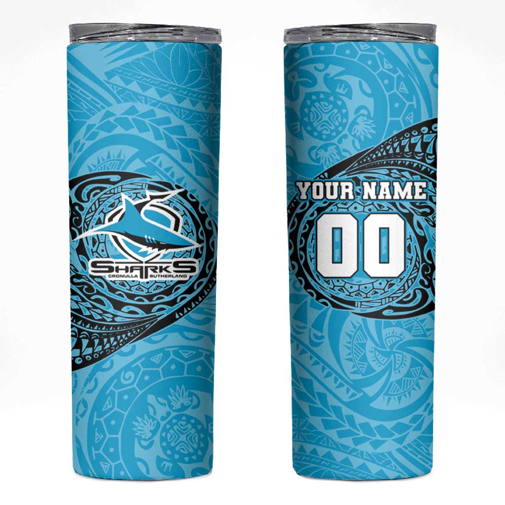 Personalized Cronulla Sutherland Sharks Skinny Tumbler Polynesian Tribal Chest and Sleeve Tattoo