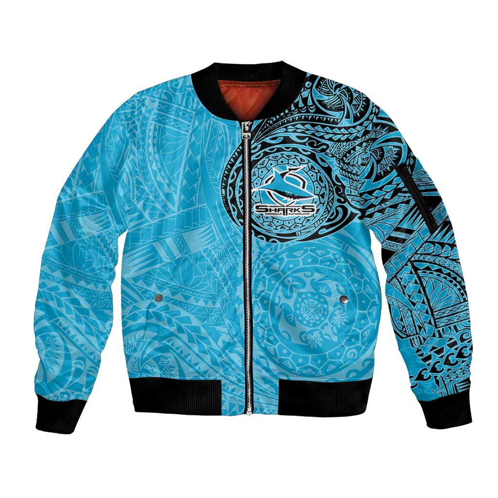Personalized Cronulla Sutherland Sharks Sleeve Zip Bomber Jacket Polynesian Tribal Chest and Sleeve Tattoo