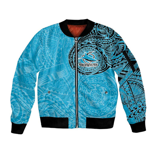 Personalized Cronulla Sutherland Sharks Sleeve Zip Bomber Jacket Polynesian Tribal Chest and Sleeve Tattoo