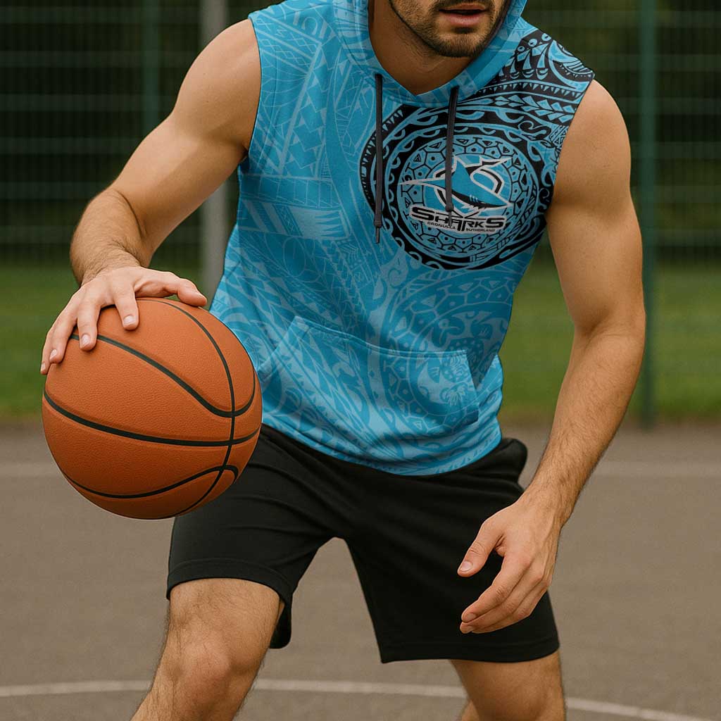 Personalized Cronulla Sutherland Sharks Sleeveless Hoodie Polynesian Tribal Chest and Sleeve Tattoo