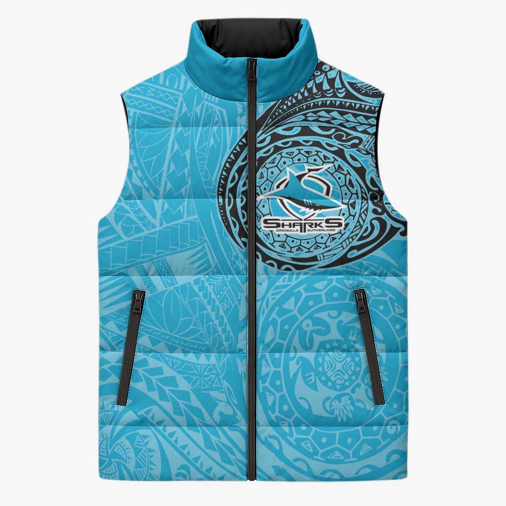 Personalized Cronulla Sutherland Sharks Sleeveless Puffer Jacket Polynesian Tribal Chest and Sleeve Tattoo