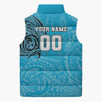 Personalized Cronulla Sutherland Sharks Sleeveless Puffer Jacket Polynesian Tribal Chest and Sleeve Tattoo