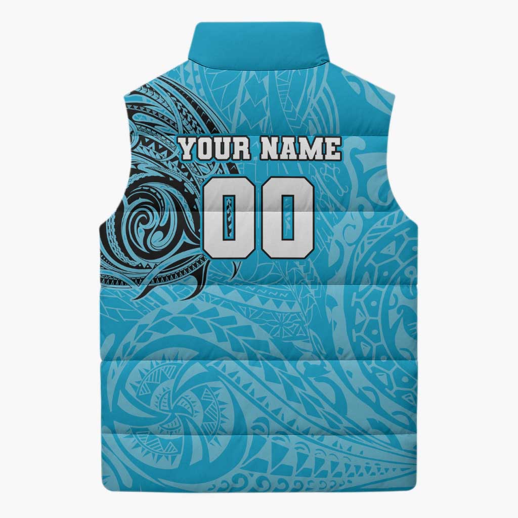 Personalized Cronulla Sutherland Sharks Sleeveless Puffer Jacket Polynesian Tribal Chest and Sleeve Tattoo