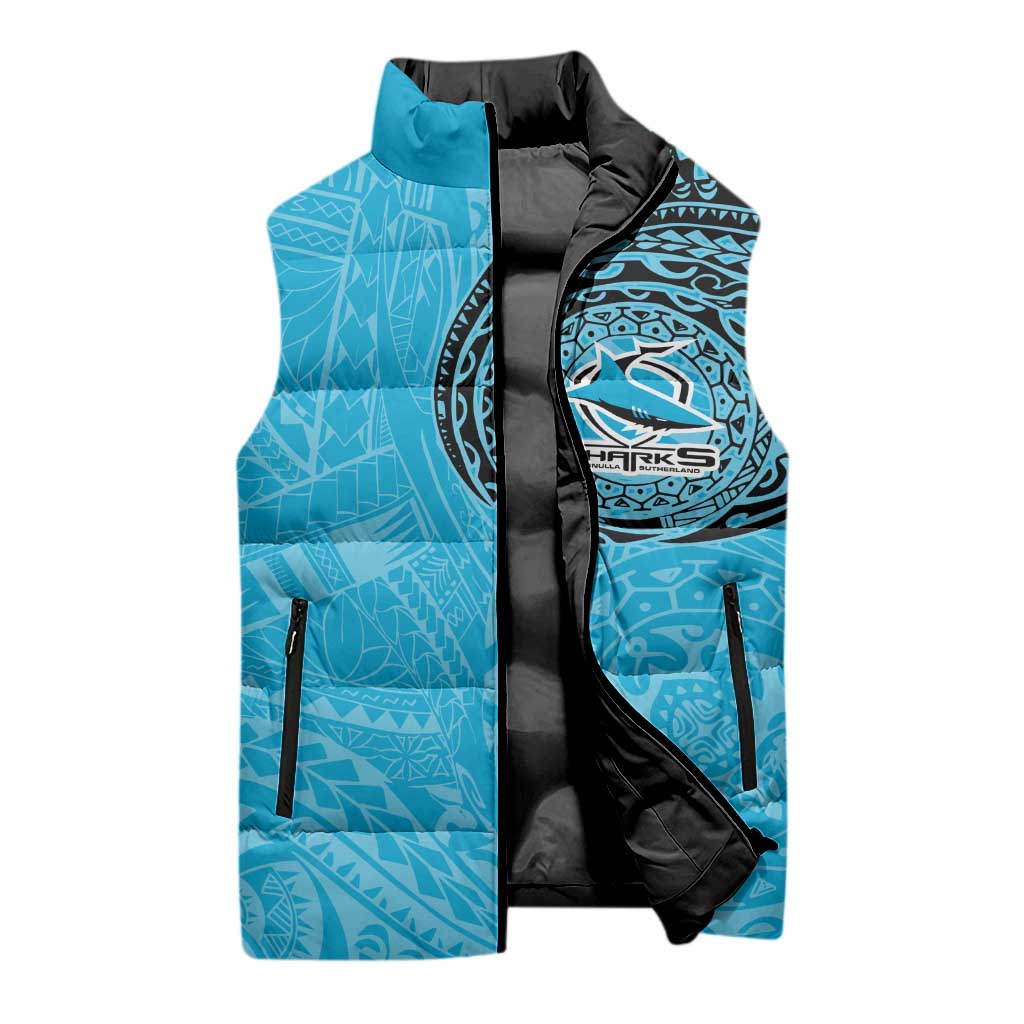 Personalized Cronulla Sutherland Sharks Sleeveless Puffer Jacket Polynesian Tribal Chest and Sleeve Tattoo