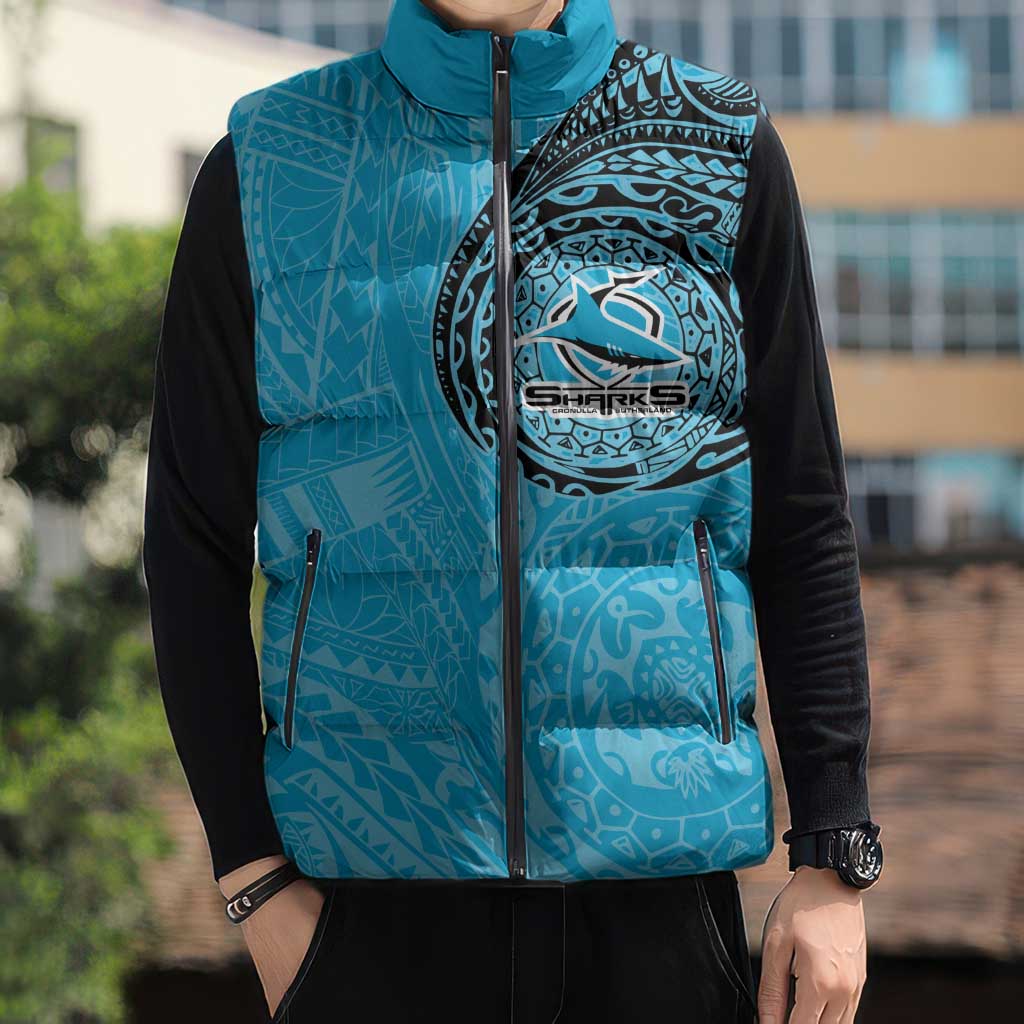 Personalized Cronulla Sutherland Sharks Sleeveless Puffer Jacket Polynesian Tribal Chest and Sleeve Tattoo