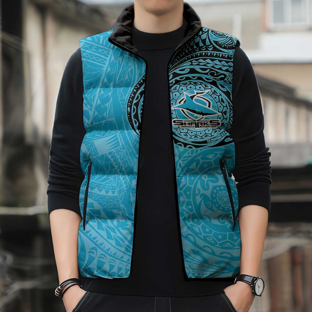 Personalized Cronulla Sutherland Sharks Sleeveless Puffer Jacket Polynesian Tribal Chest and Sleeve Tattoo