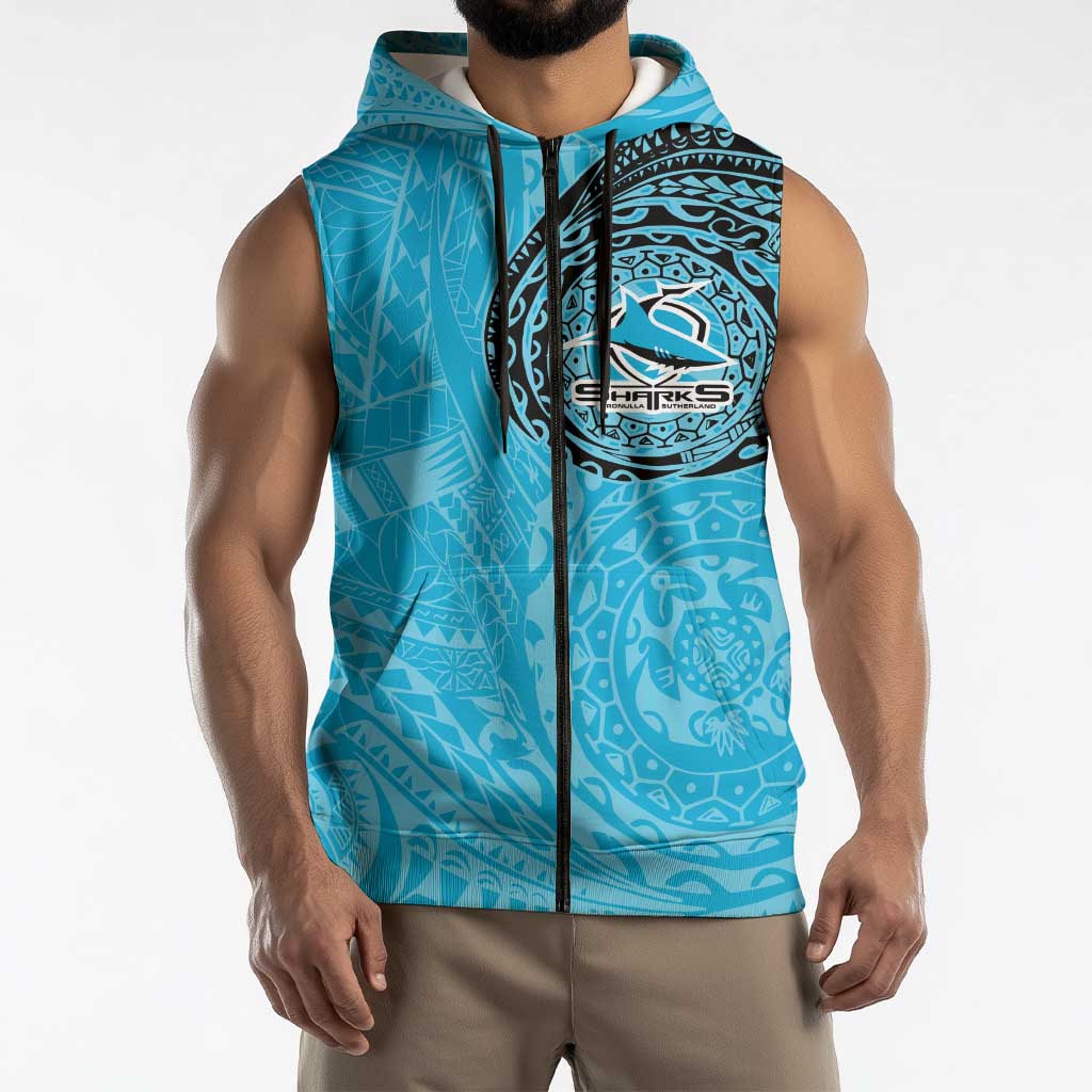 Personalized Cronulla Sutherland Sharks Sleeveless Zip Hoodie Polynesian Tribal Chest and Sleeve Tattoo