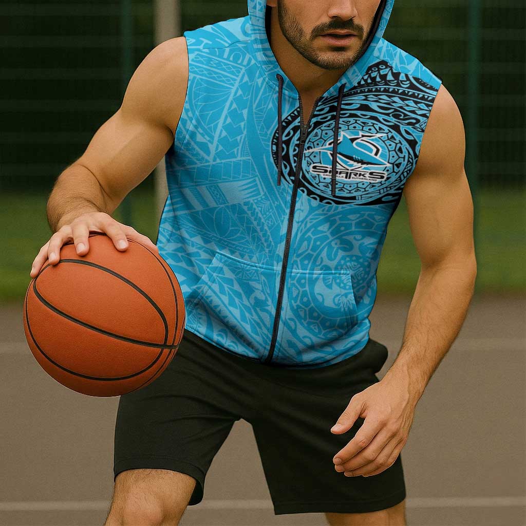 Personalized Cronulla Sutherland Sharks Sleeveless Zip Hoodie Polynesian Tribal Chest and Sleeve Tattoo