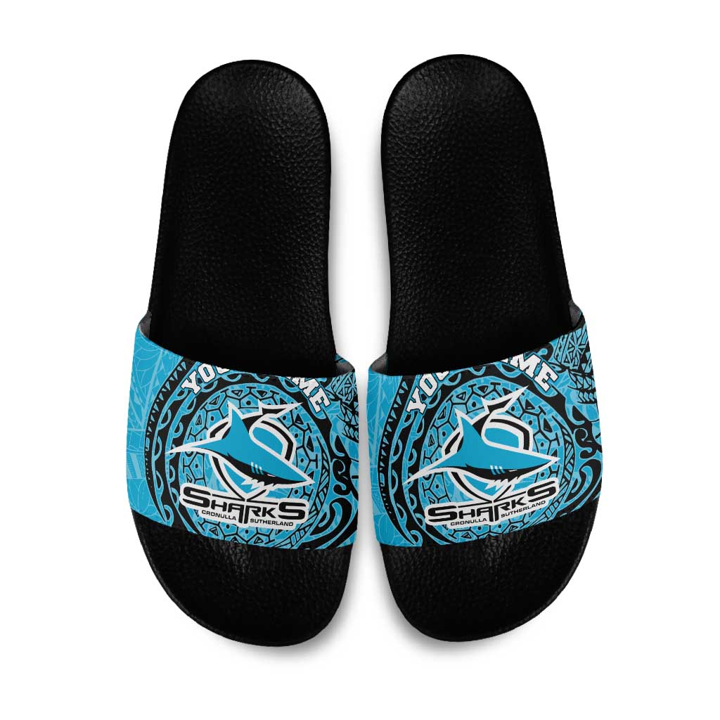 Personalized Cronulla Sutherland Sharks Slide Sandals Polynesian Tribal Chest and Sleeve Tattoo