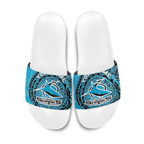 Personalized Cronulla Sutherland Sharks Slide Sandals Polynesian Tribal Chest and Sleeve Tattoo