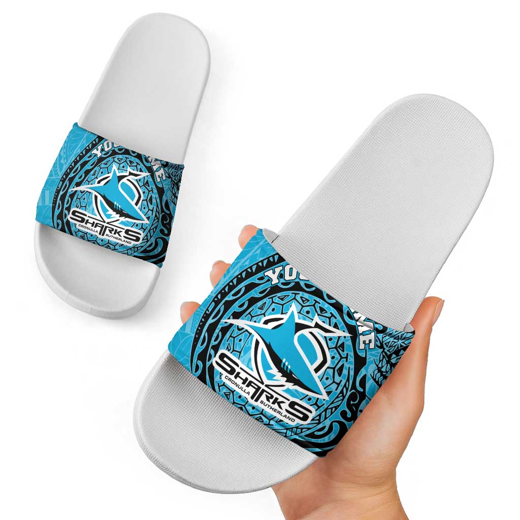 Personalized Cronulla Sutherland Sharks Slide Sandals Polynesian Tribal Chest and Sleeve Tattoo