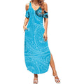 Personalized Cronulla Sutherland Sharks Summer Maxi Dress Polynesian Tribal Chest and Sleeve Tattoo