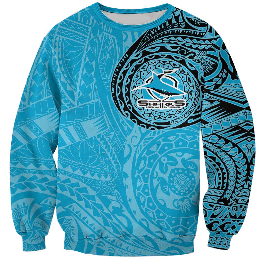 Personalized Cronulla Sutherland Sharks Sweatshirt Polynesian Tribal Chest and Sleeve Tattoo