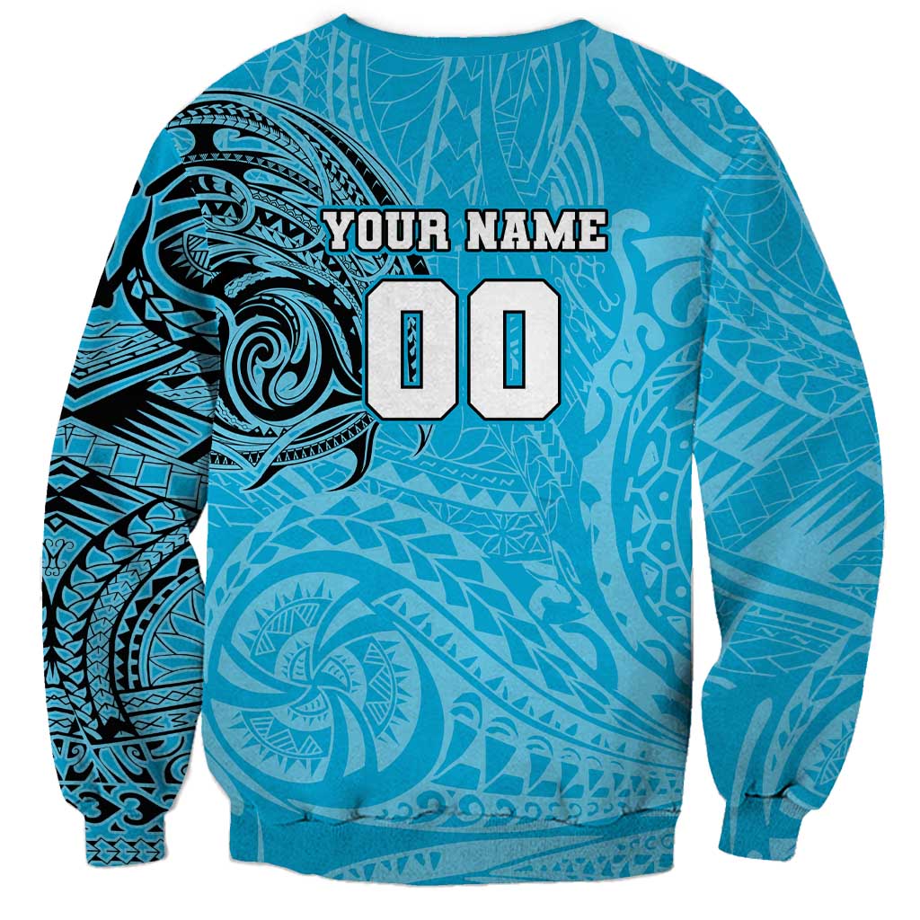 Personalized Cronulla Sutherland Sharks Sweatshirt Polynesian Tribal Chest and Sleeve Tattoo