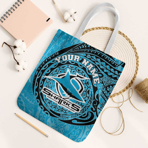 Personalized Cronulla Sutherland Sharks Tote Bag Polynesian Tribal Chest and Sleeve Tattoo